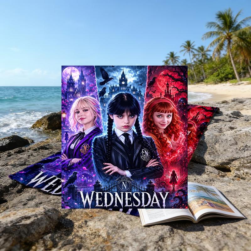 1pc Wednesday Beach Towel, Beach and Seaside Swimming Pool Equipment, Fashion Pattern, Rectangular, Travel Essentials