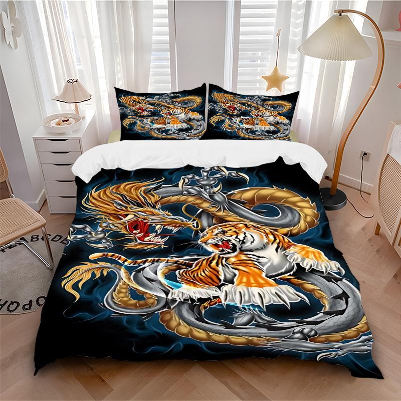 3pcs Dragon Tiger Design Duvet Cover Set -Includes 1 Duvet Cover and 2 Pillowcases, No Quilt Core, All-Season Home Decor yy251111194