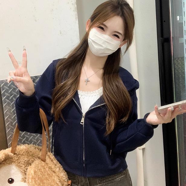 Women's Navy Blue Sporty Zipper Sweatshirt - American Style, Early Autumn 2025