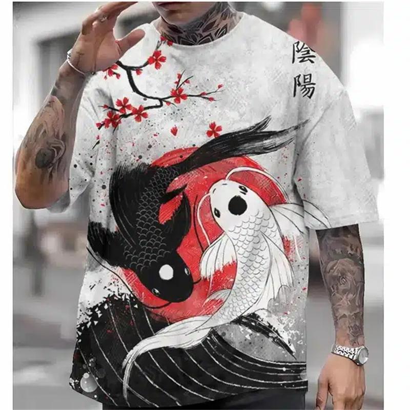 Japanese Ukiyo-E Printed Men's T-Shirt Vintage Summer Men's Short-Sleeved T-Shirt Oversized Round Neck Top Street Harajuku Tops