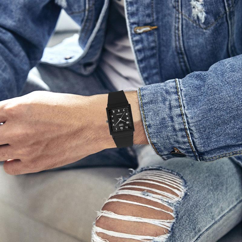 Casio Серия YOUTH-квадратные трехстрелочные модные простые трендовые ретро кварцевый механизм полимерный ремешок японские и корейские часы мужские часы черный циферблат MQ-27-1B