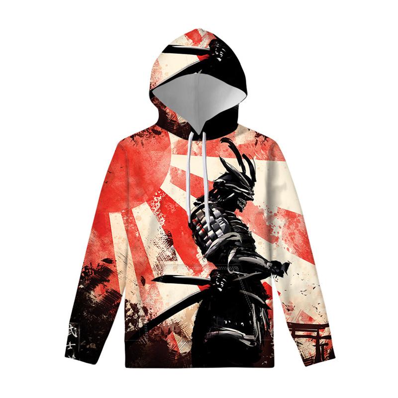 Толстовка с капюшоном с рисунком японского самурая для мужчин, женщин, детей, толстовки с 3D-принтом, с длинными рукавами, свободная толстовка с капюшоном, повседневные топы-пуловеры