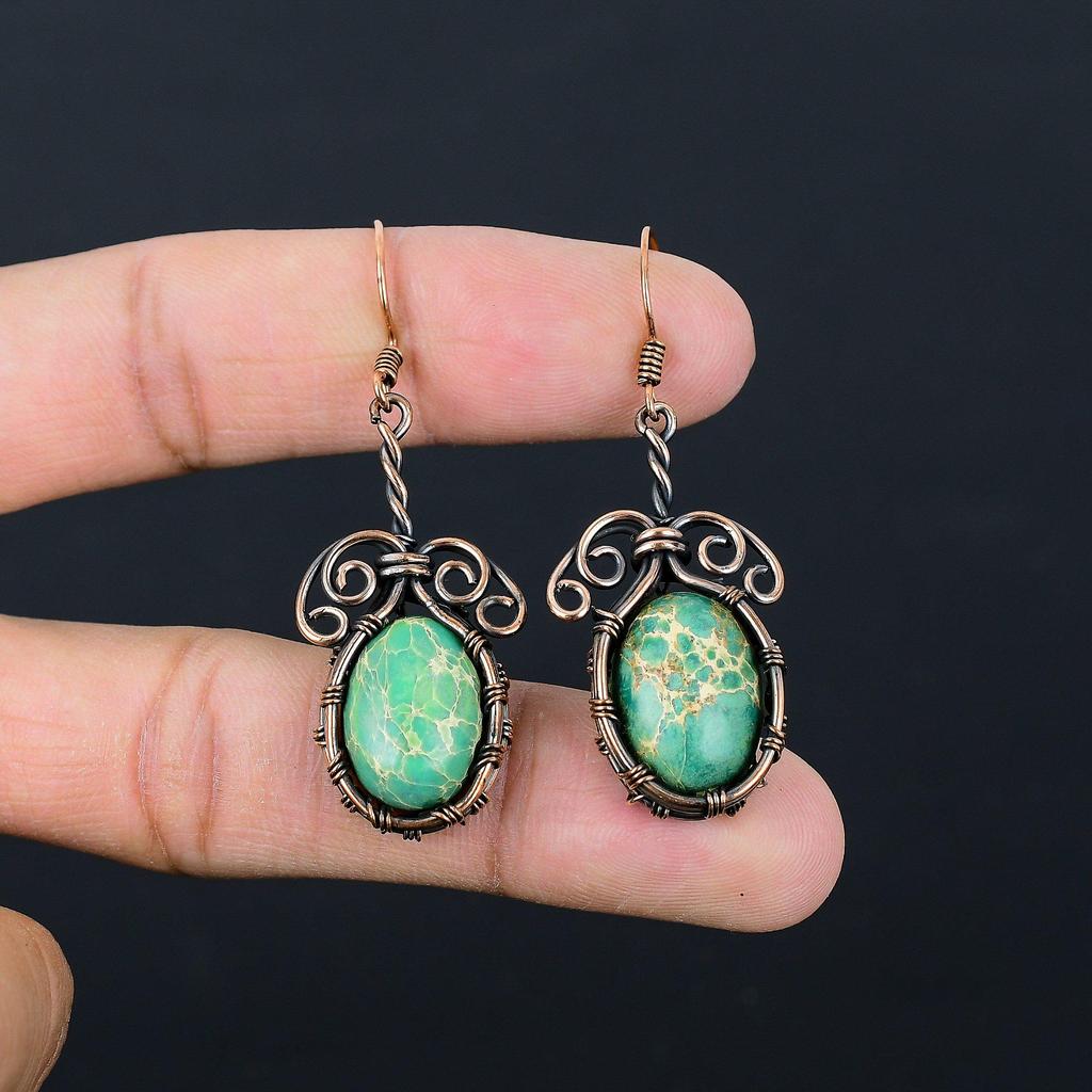 Green Sea Sediment Gemstone Pure Copper Wire Wrapped Handmade Earrings Jewelry