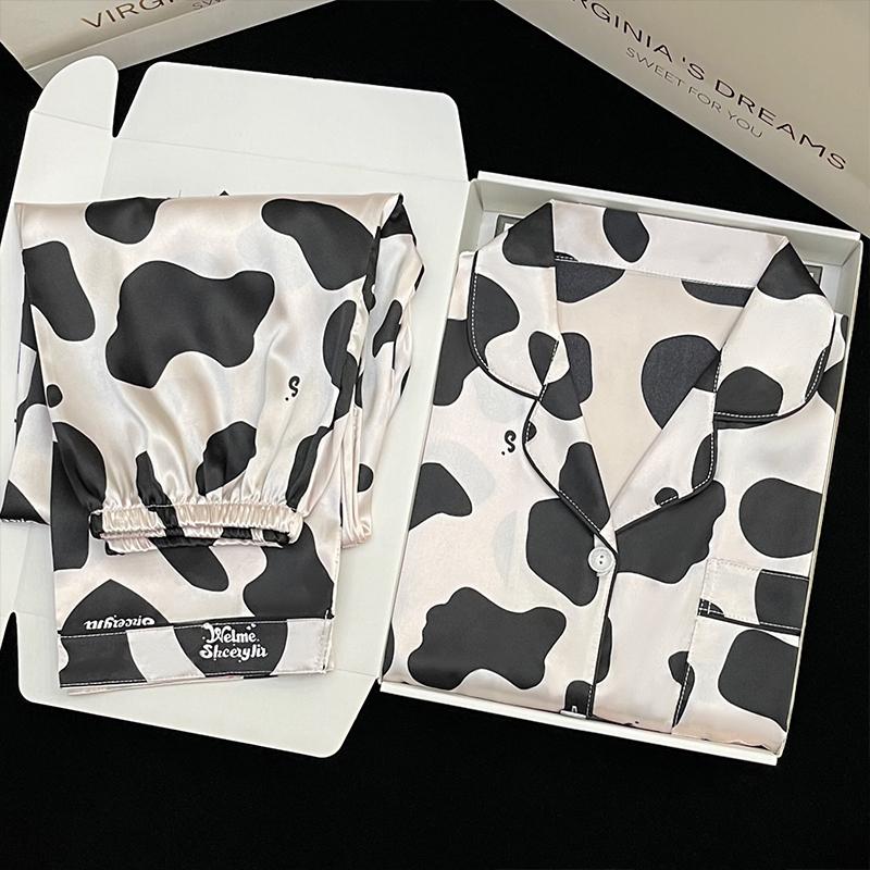 Пижама женская атласная пижама с длинными рукавами пижамный костюм с цветочным принтом высококачественный ледяной шелк можно носить на улице