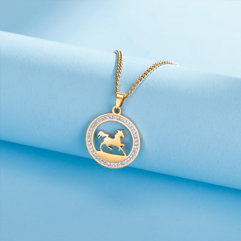 1 шт. Круглая подвеска-ожерелье Темперамент Инкрустированный бриллиантами Изысканная нержавеющая сталь Новогодний подарок Ожерелье с подвеской в виде лошади