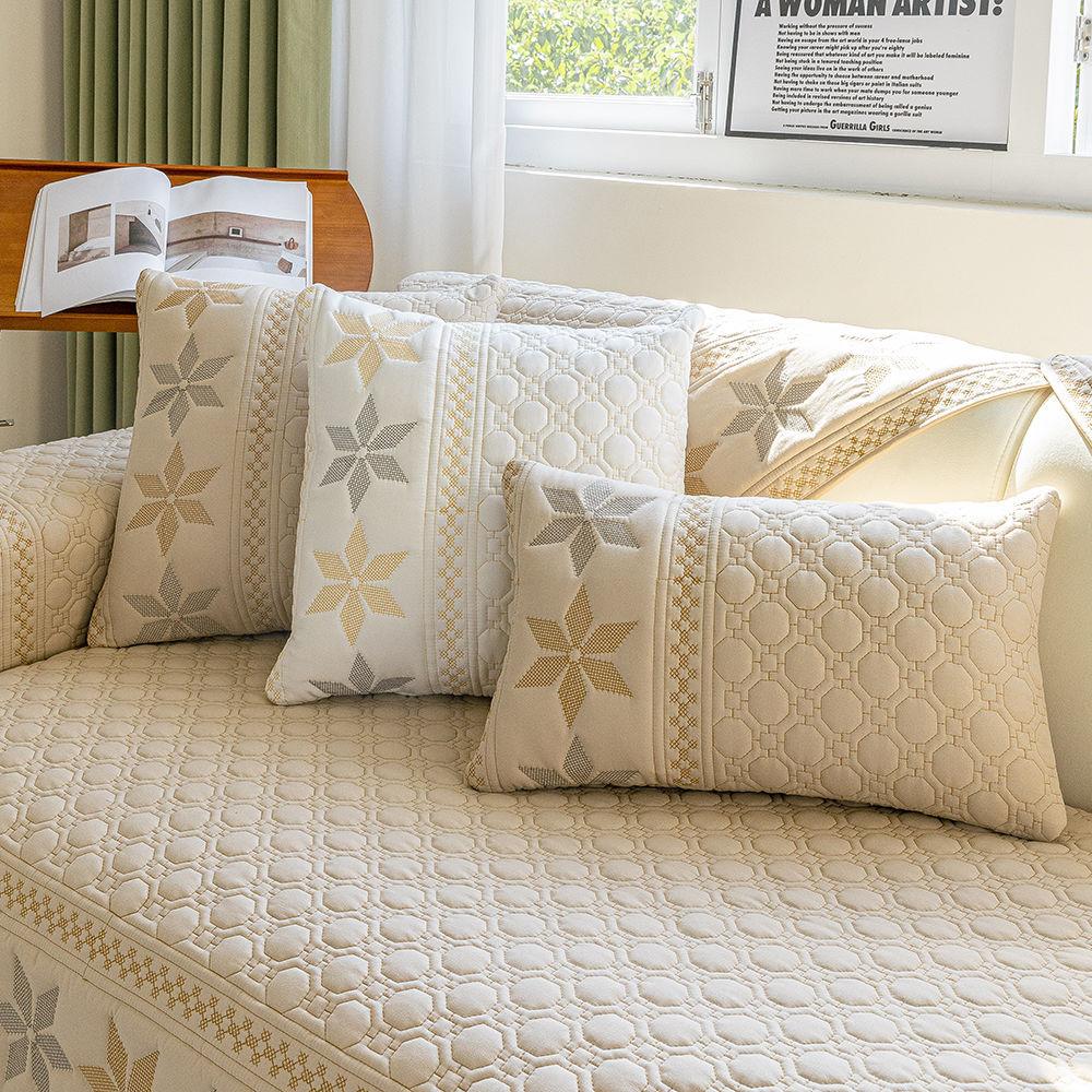 Pure Cotton Embroidered Quilted Sofa Cushion, Universal for All Seasons, Simple Fabric Seat Cushion, Practical Sofa Towel