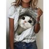 Женская верхняя летняя футболка с 3D принтом кота, свободные футболки с короткими рукавами и круглым вырезом