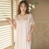 Mesh Pajamas Women V-neck Korean Vintage Lace Chic Elegant Short-sleeved Princess Nightdress Home Wear Midi Dress