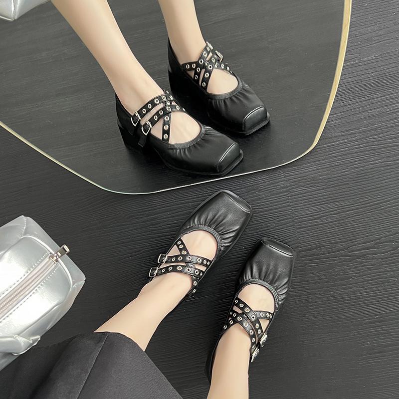 Cross-belt Ballet Shoes for Women's Spring New Square Toe Thick Heels Versatile Mary Jane Single Shoes High Heels