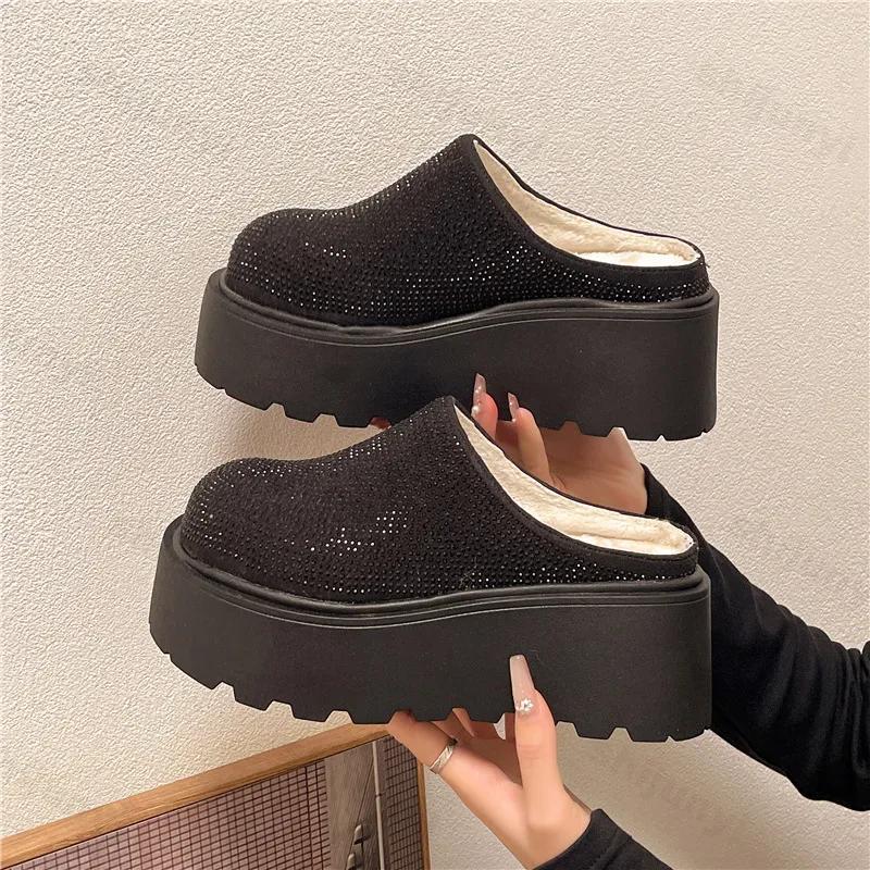 Модные дизайнерские блестящие женские теплые хлопковые мюли на толстом каблуке, новые модные туфли Baotou на платформе 2025 года, женские ленивые шлепанцы