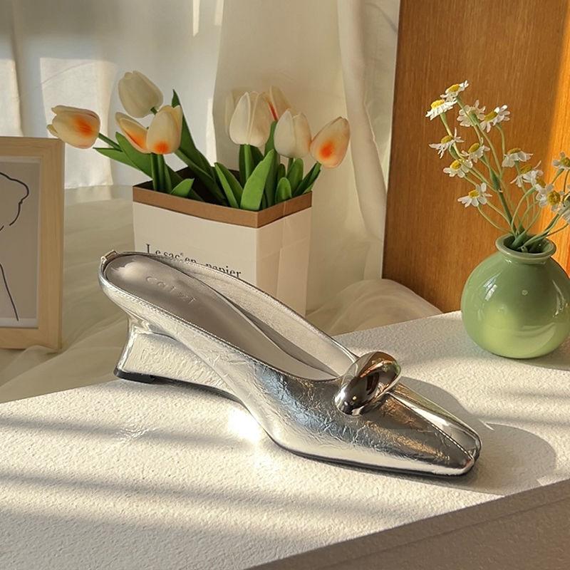 Fashion Slippers Women's Spring and Summer 2025 New French Metal Buckle Fish Mouth Square Toe Sexy Cool Drag Outside High Heels