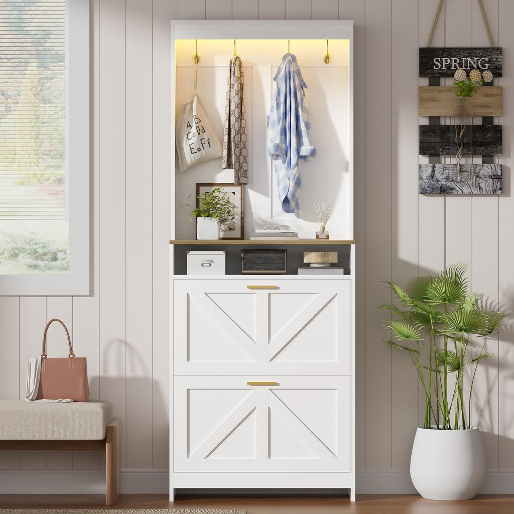 Narrow shoe cabinet with LED lighting & 2 flip-down drawers – farmhouse shoe organizer, with hooks, for hallway, space-saving, white, 70x24x180 cm