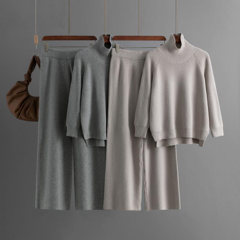 Womens 2 Piece Sweater Set Loose Turtlenck Knit Pullover Top Wide Leg Pants Lounge Matching Sets Fall Winter Travel Outfits Sweatsuit for Women