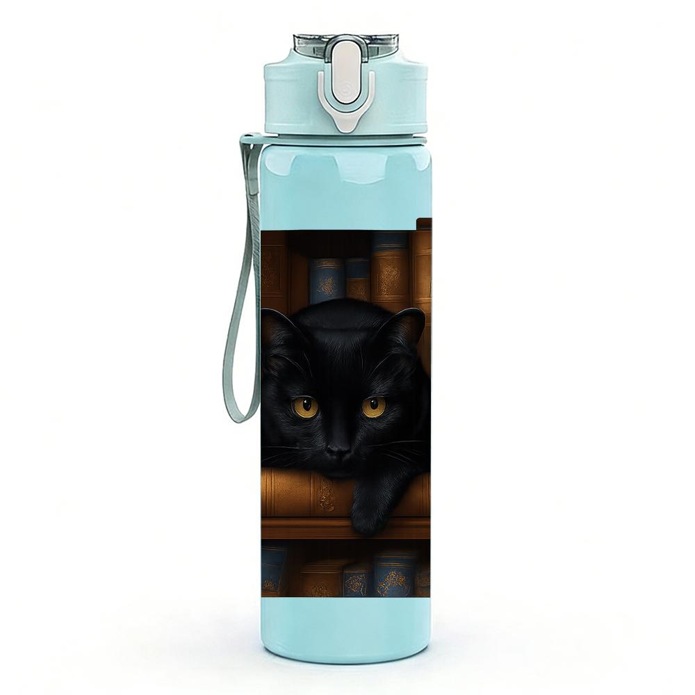 1PC Black Cat Book Stack Scene 750ml Color Plastic Sports Water Bottle Leakproof Flip Straw Lid For Sports Office Home Use