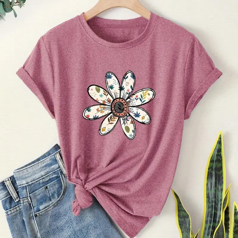 Women Summer T Shirt Retro Fashion Short Sleeve Tees Casual Flower Printed Tops