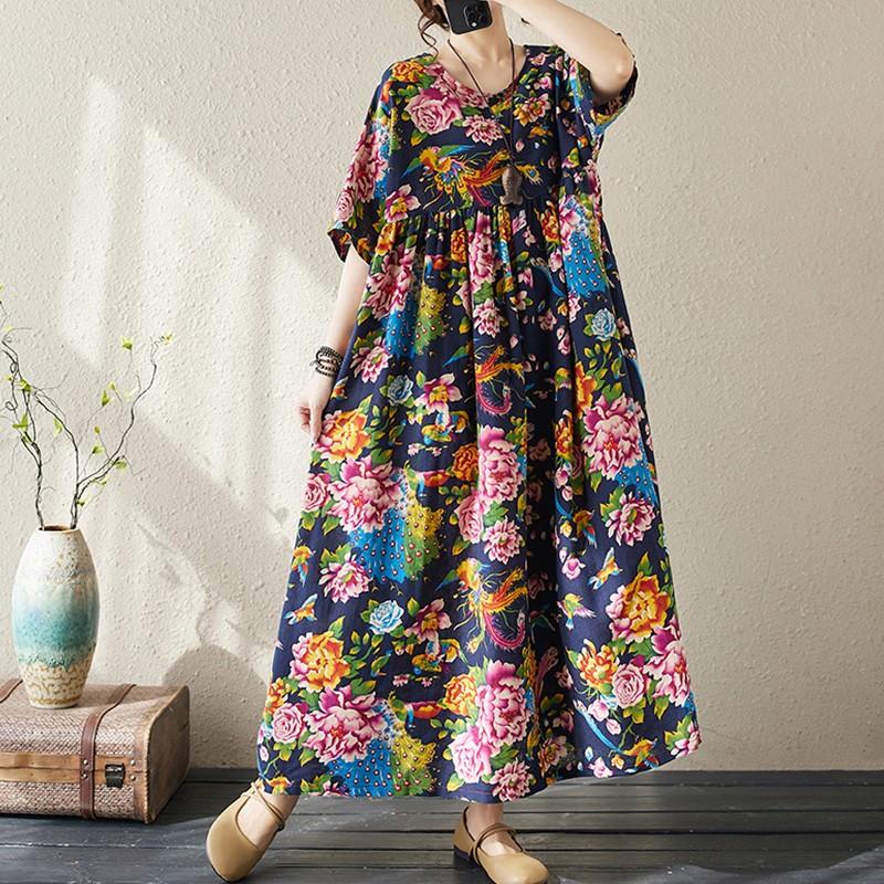 Новые платья из хлопка с короткими рукавами больших размеров и цветочным принтом для женщин, повседневные свободные длинные летние платья
