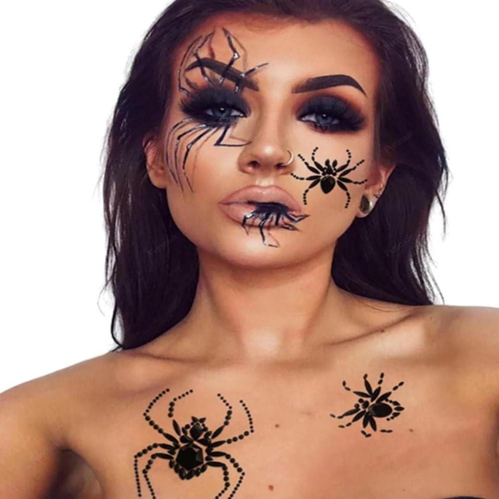 Black Spider Face Gems Tattoos 3D Jewelry Face Sticker Halloween Festival