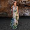 Spring and Summer Women's New Ink Print Deep V Large Backless Sling Pleated Maxi Skirt Suit