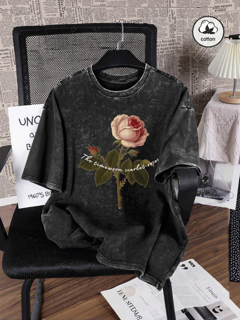 The Timeworn Scarlet Roses Print Women Washed T-Shirt Casual Comfortable T Shirts Cotton Summer Clothes Y2K Loose Short Sleeve
