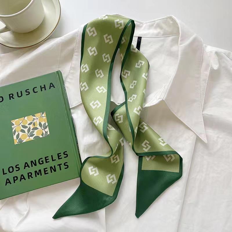 Маленький белый и нежно-зеленый шелковый шарф для женщин, тонкая лента, повязка на голову, резинка для волос, украшение для сумки, длинный