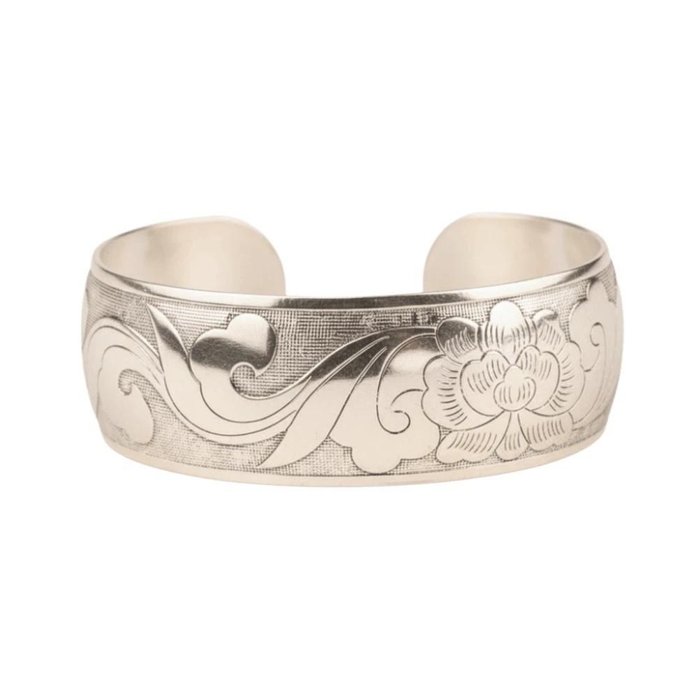 Lotus Silver Opening Bangle Vintage Thai Wrist Jewelry Carved Wide Bracelet Party