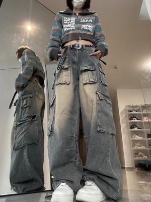 Винтажные мешковатые джинсы Harajuku 90-х годов Y2k, женские джинсовые брюки-карго с несколькими карманами в стиле гранж, повседневные широкие брюки с низкой посадкой