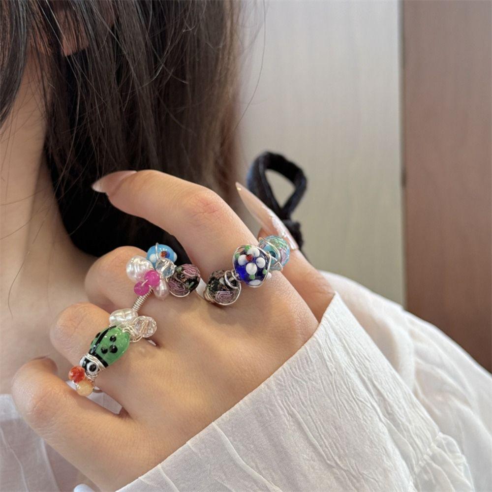 Chinese Style Painting Ring Jewelry Accessories Enamel Flower Ring Retro Insect Drip Oil Ring Gift