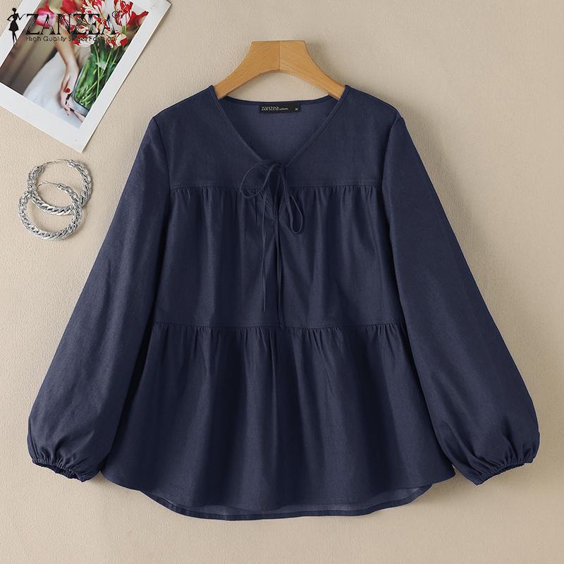 ZANZEA Женская повседневная свободная блузка из синего денима с V-образным вырезом и длинным рукавом
