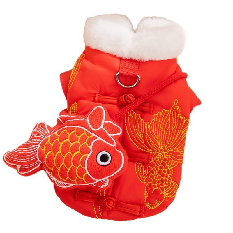 Pet Chinese New Costume Dog Cat Vest Cotton Outfit Fish Jumping Style Festive Wear