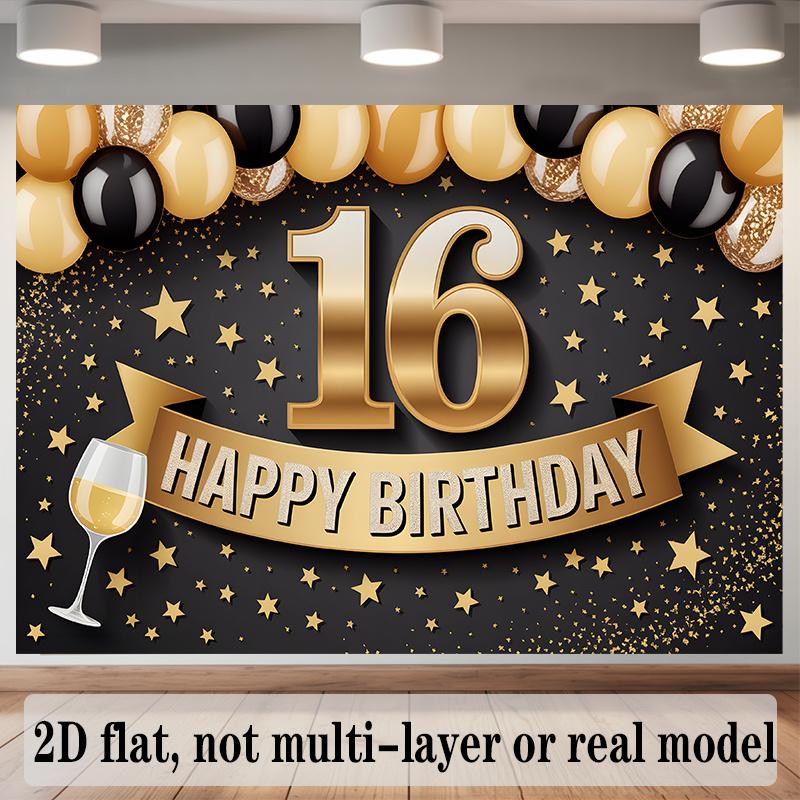 Golden 16th Birthday Banner, Balloons Photo Backdrop Wall Decor for Party