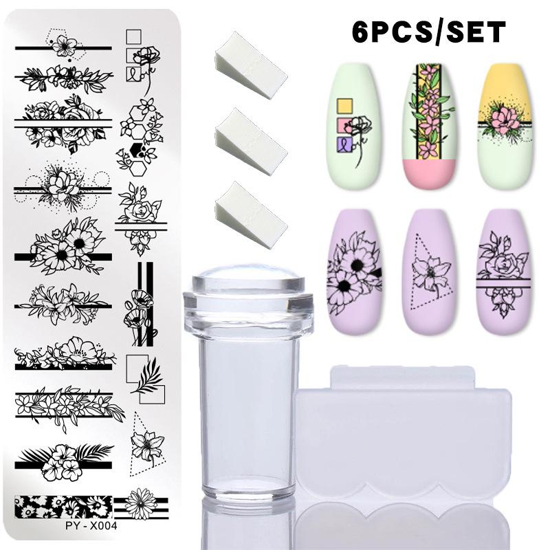 6 шт./компл. набор пластин для штамповки ногтей, силиконовая губка, кисть, штамп, трафареты для переноса лака