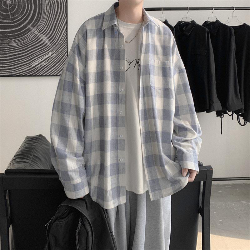 Осенняя клетчатая рубашка мужская с длинными рукавами в стиле Гонконга, классная повседневная рубашка