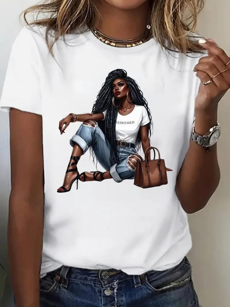 Стильная женская футболка с принтом, короткий рукав, европейский размер, круглый вырез, средняя эластичность, ткань, подходит для всех сезонов