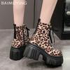 Женские ботильоны на платформе с леопардовым принтом, на шнуровке, на высоком каблуке, модная обувь 2025 года, тренд зимы, новый бренд, массивные мотоциклетные ботинки Botas De Mujer