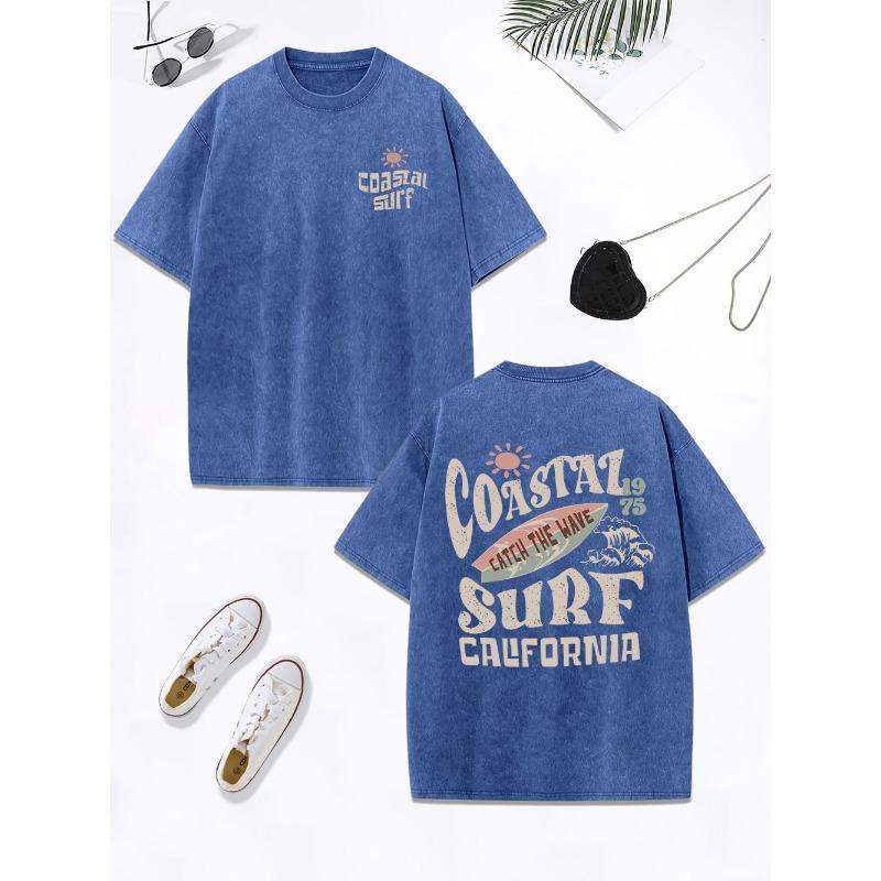 Coastal Surf Catch The Wave California Prints Washed T-Shirt Women Cotton Oversize Tops Distressed O-Neck T Shirt Summer Clothes