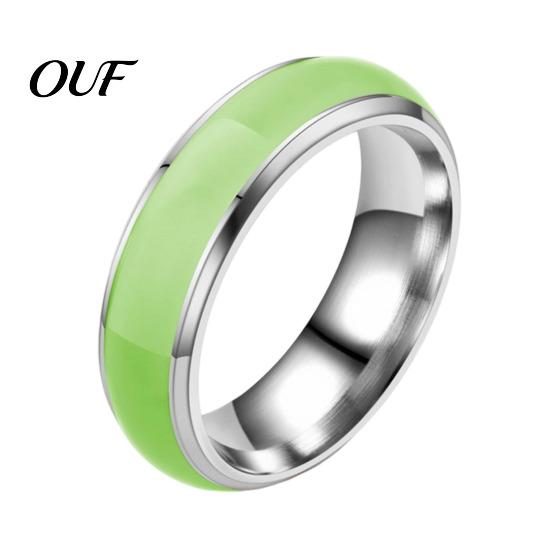 Hypoallergenic Fashion Finger Rings Luminous Ring for Couples, 6mm Stainless Steel with Stylish Night Glow Bands Colorful Resin Inlay, Minimalist