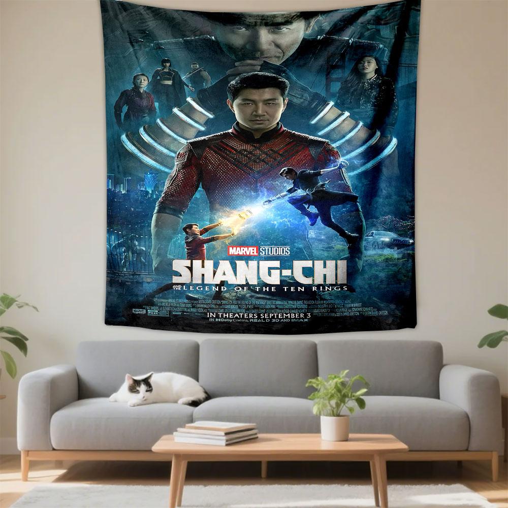 A heroic figure centered with glowing rings and a dramatic cast backdrop. Patterned tapestry for bedroom and living room home decor
