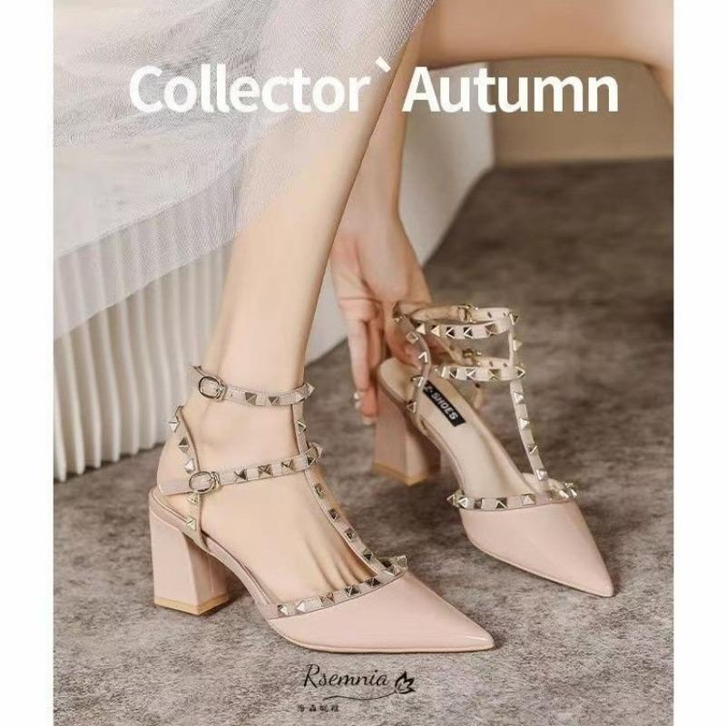 Женская обувь 2024 Мода Слингбэки Пряжка Женские Сандалии Весна Острый Носок Заклепка Мелкие Сексуальные Платье Вечеринка Низкий Каблук Обувь