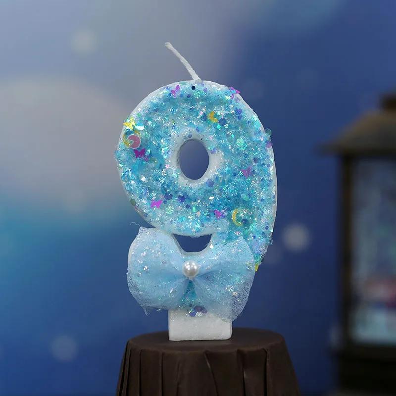 Y 3D Blue Bow Sparkling Number Candles - Birthday Cake Topper with Glitter Accents, Kawaii Party Decor for Birthdays/Weddings