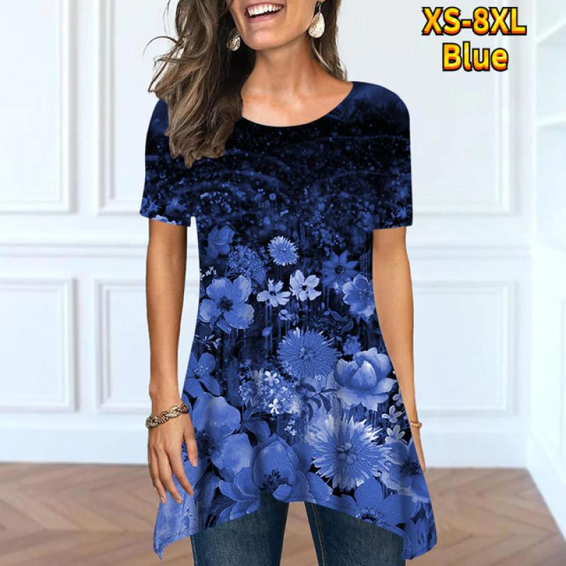 Летняя женская модная и удобная уличная одежда. Базовая повседневная одежда с короткими рукавами и круглым вырезом под открытым свободным топом XS-8XL.