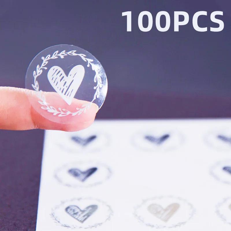 100pcs Clear Bronzing Heart Stickers 1.26 Inch Round Envelope Sealing Label for Wedding Party Invitation Card Gift Decor Tags