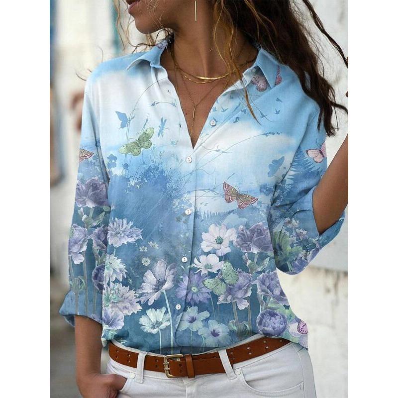 Spring and Autumn Women's Plus Size Shirt Printed Long Sleeve Lapel Shirt