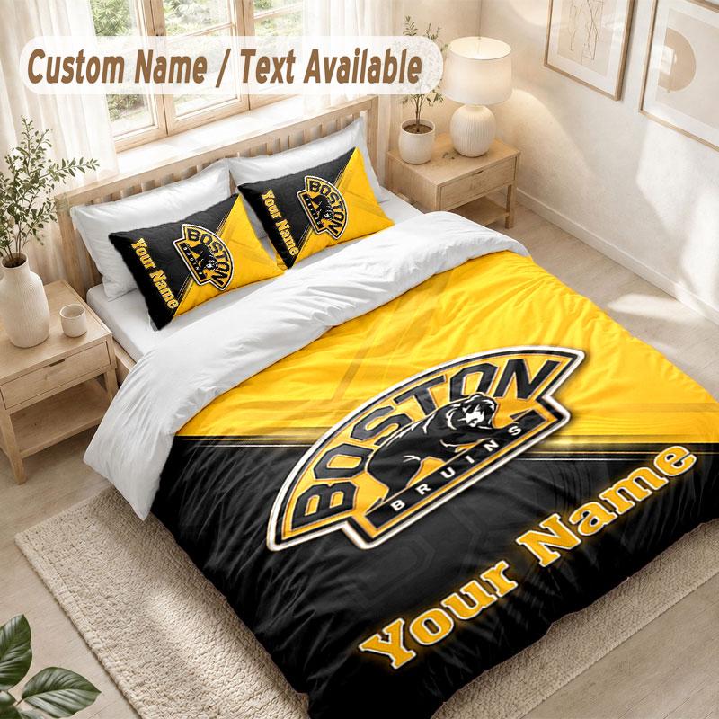 Custom Name Bedding Set 3 PiecesBoston Bruins Print Duvet Cover + 2 Pillowcases Soft Bed Decor