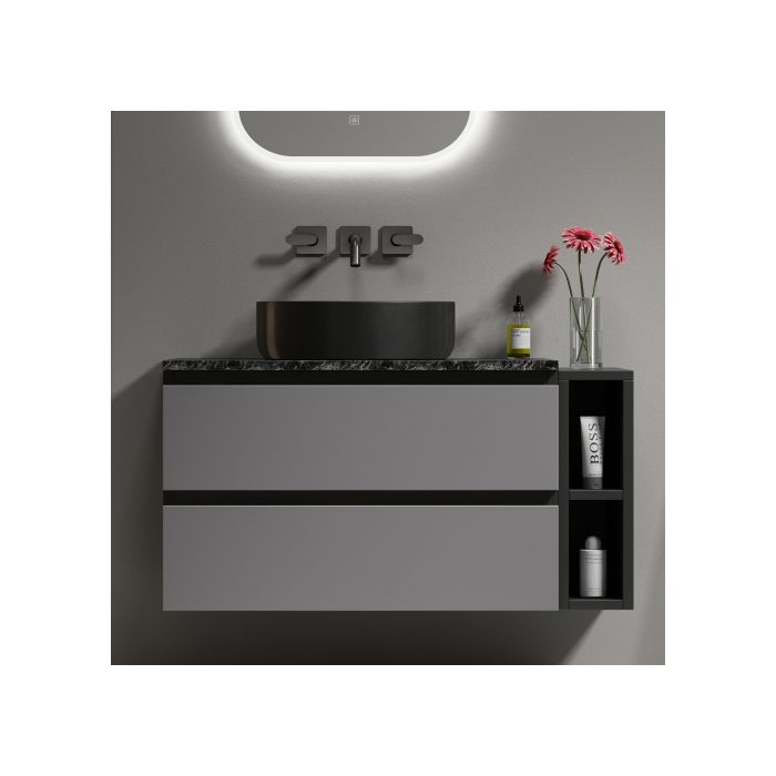 Meuble sous-vasque suspendu de 80 cm de large,avec vasque en céramique,avec tiroirs,design moderne,noir-gris