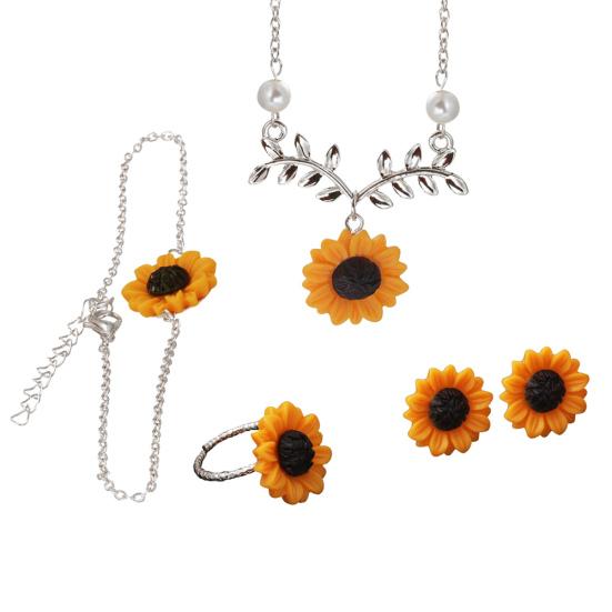 5Pcs/Set Мода Подсолнечник Кулон Ожерелье Серьги-гвоздики Кольцо Браслет Ювелирные изделия