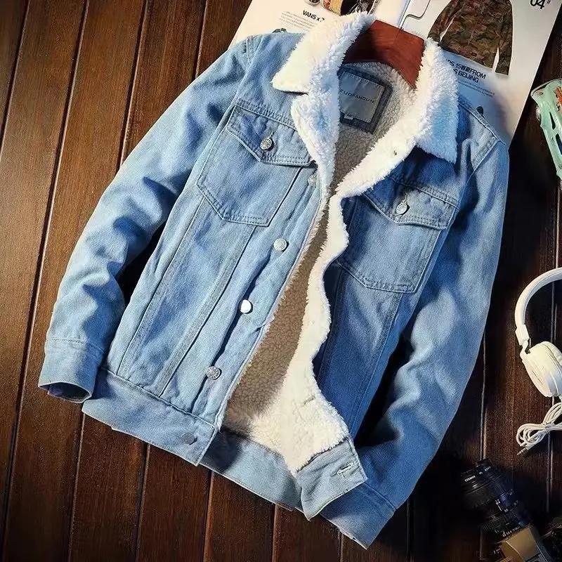 2025 Winter Fleece-lined Thickened Denim Jacket Men's Korean Trendy Loose Fit Top Japanese Style Jacket For Men