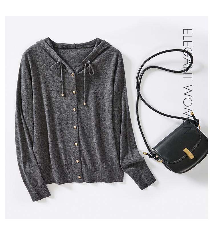 Small cardigan, autumn hooded sweatshirt, lace up jacket, button solid color women's knitted sweater, high-end feeling, commuting, slimming effect