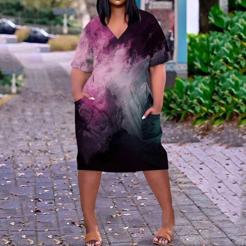 Summer Plus Size V Neck Short Sleeve Knee Pocket Print Casual Dress For Women