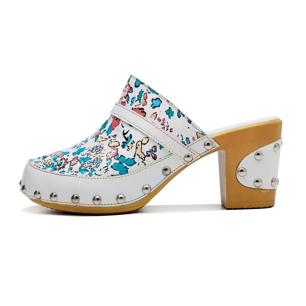 Винтажная женская обувь на высоких каблуках в стиле масляной живописи с цветочным рисунком, туфли без шнуровки из натуральной кожи в стиле ретро с круглым носком