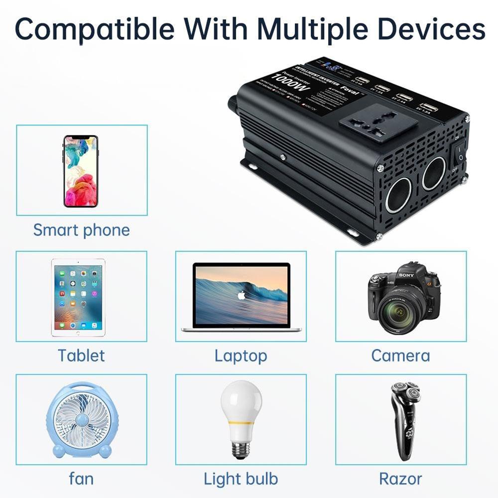 Двойное напряжение с автоматическим переключением постоянного тока 12 В и 24 В;48В и 60В;60 В и 70 В переменного тока, 220 В, 300 Вт, непрерывный/1000 Вт, пиковая модифицированная синусоидальная волна, 4 источника питания USB, инвертор мощности 220 В